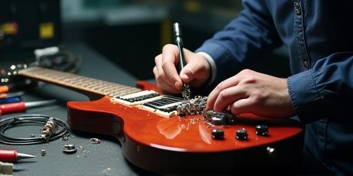 A technician carefully working on the electronics of a guitar.